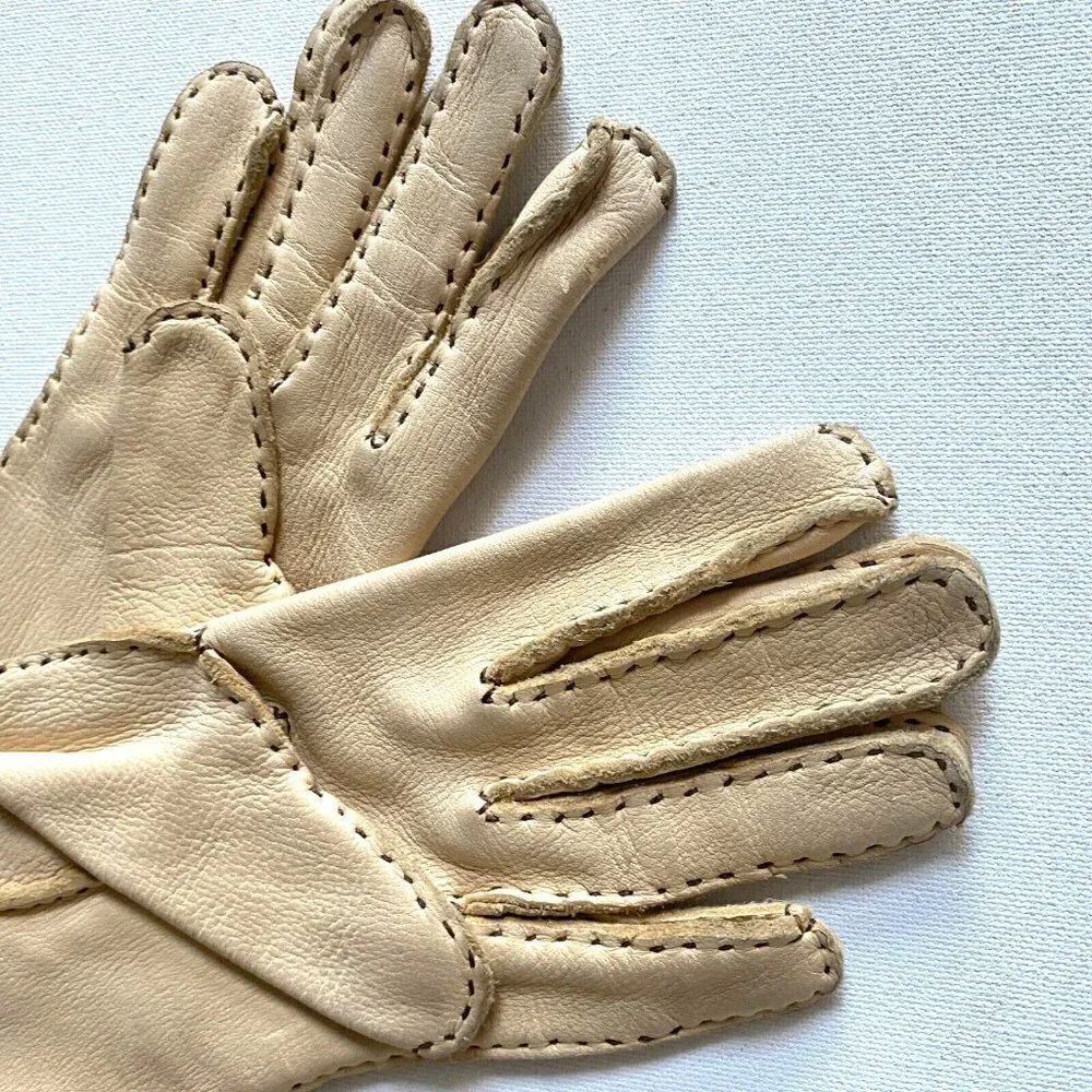 Vintage Light Camel Fine Deerskin Stitch Detail Gloves S
